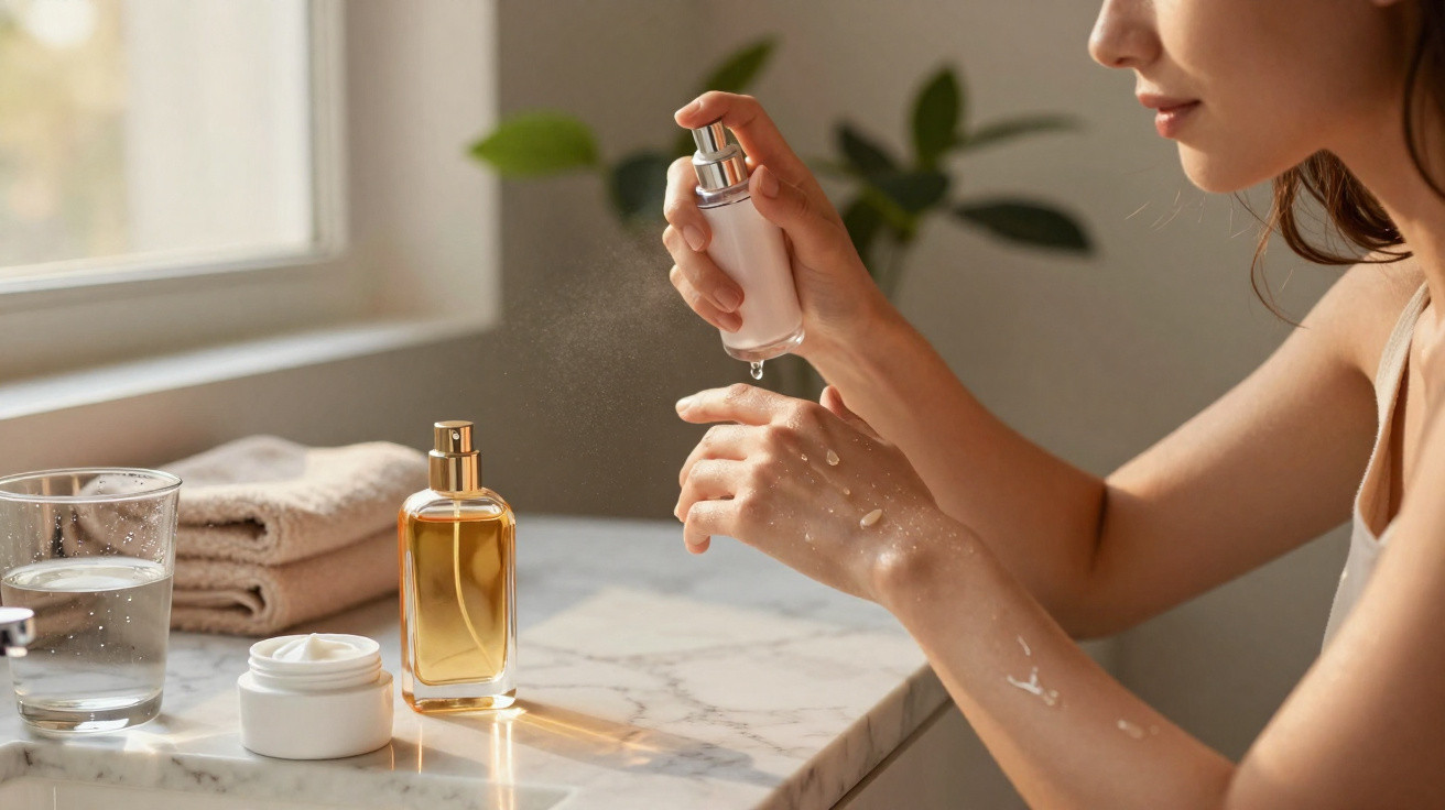 Mulher a aplicar perfume em spray nas mãos numa mesa com produtos de beleza e toalhas.