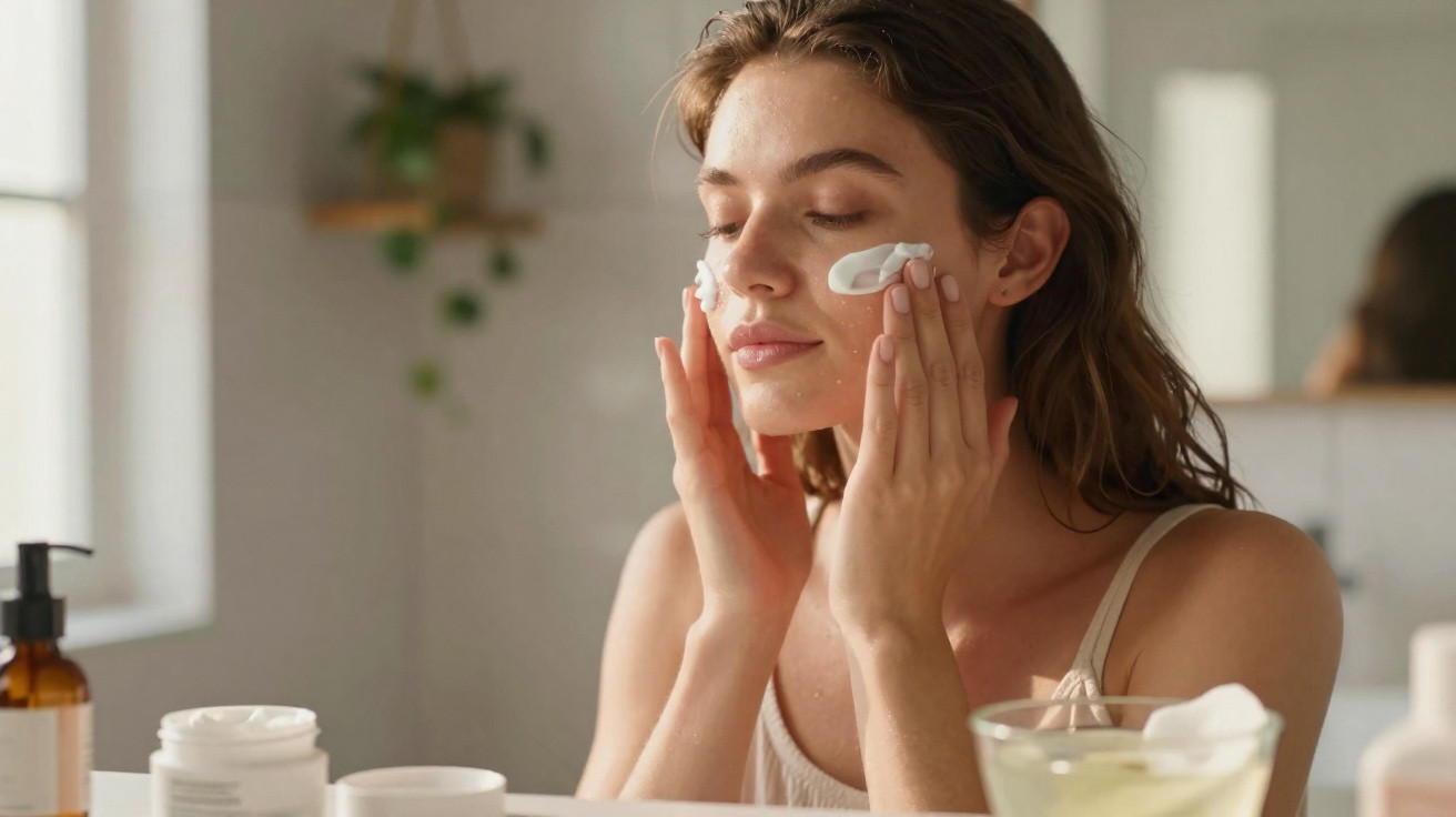 Mulher aplica creme hidratante no rosto num ambiente luminoso e relaxante.