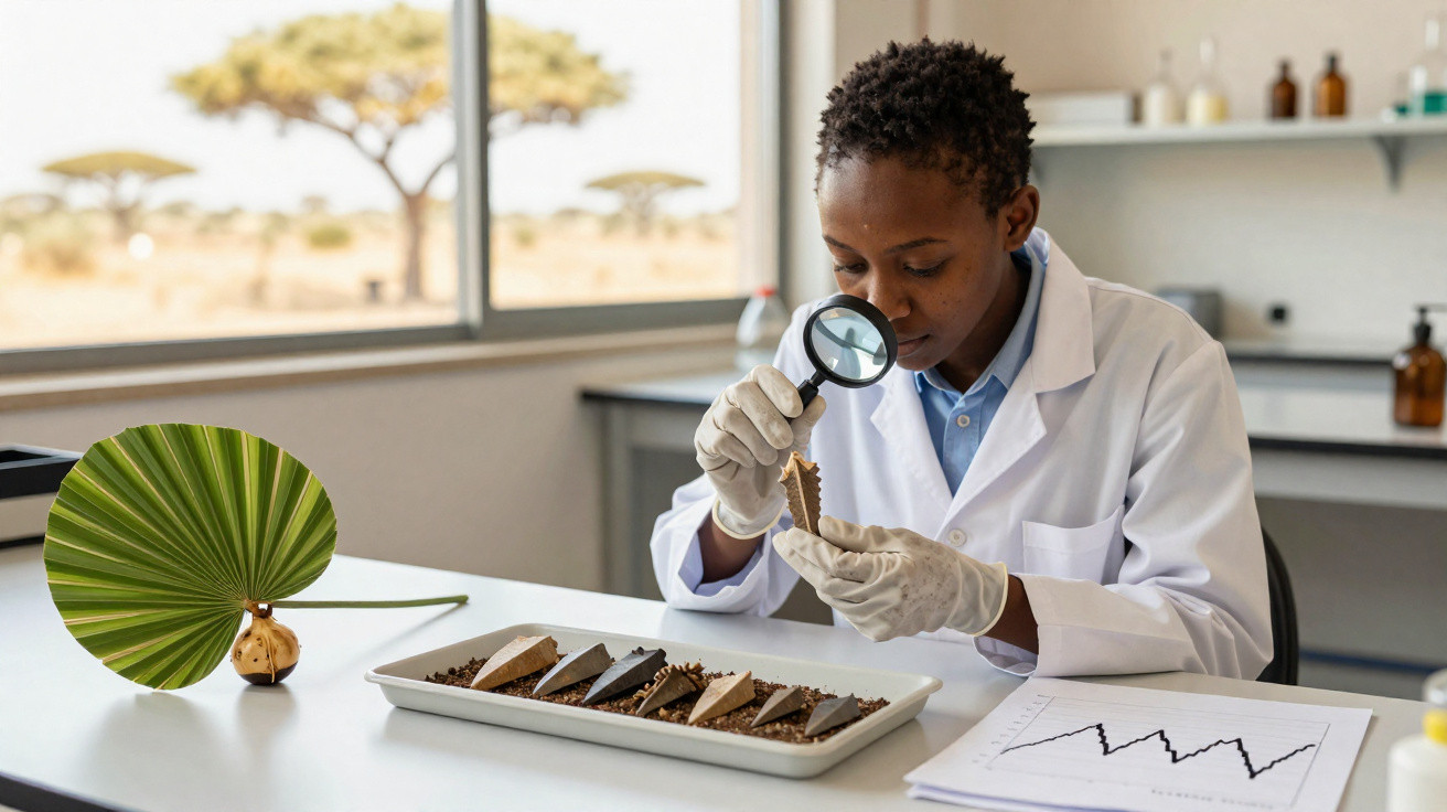 Cientista em laboratório a observar cogumelos com lupa, usando bata e luvas, com gráfico numa mesa.