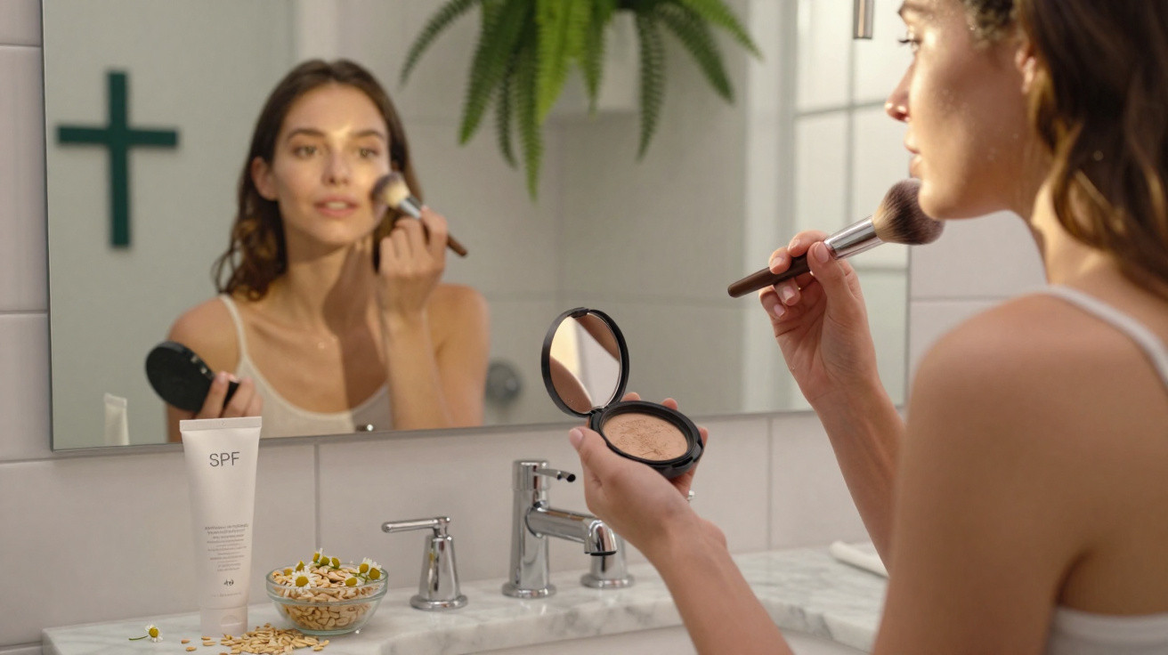 Mulher a aplicar maquilhagem com pincel e espelho na casa de banho, junto a produtos de beleza.