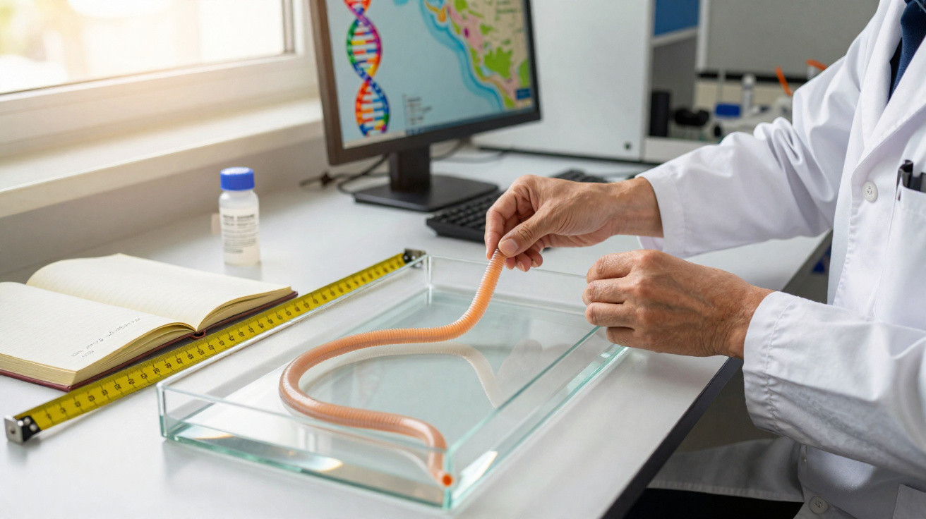 Cientista em bata branca manipula minhoca alaranjada em bandeja de vidro num laboratório moderno.