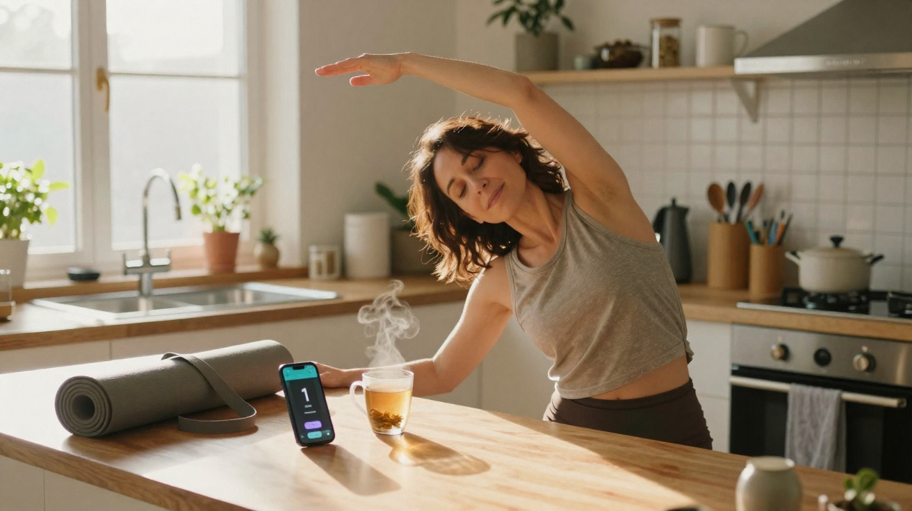 Mulher a alongar-se e relaxar numa cozinha moderna com chá quente, tapete de yoga e telemóvel sobre a bancada.