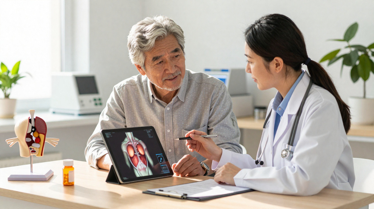 Médica explica consulta a paciente sénior, mostrando imagem médica no tablet numa clínica moderna.