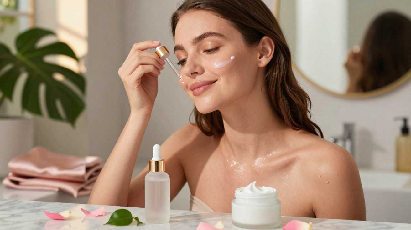 Mulher a aplicar sérum facial com conta-gotas, ao lado de frascos de creme e pétalas sobre a mesa.