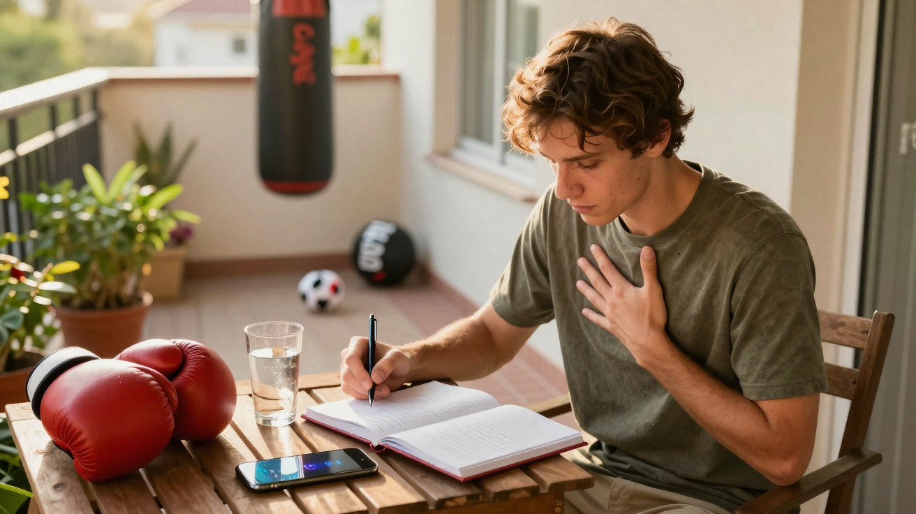 Jovem sentado numa varanda a escrever num caderno, com luvas de boxe e copo de água na mesa.
