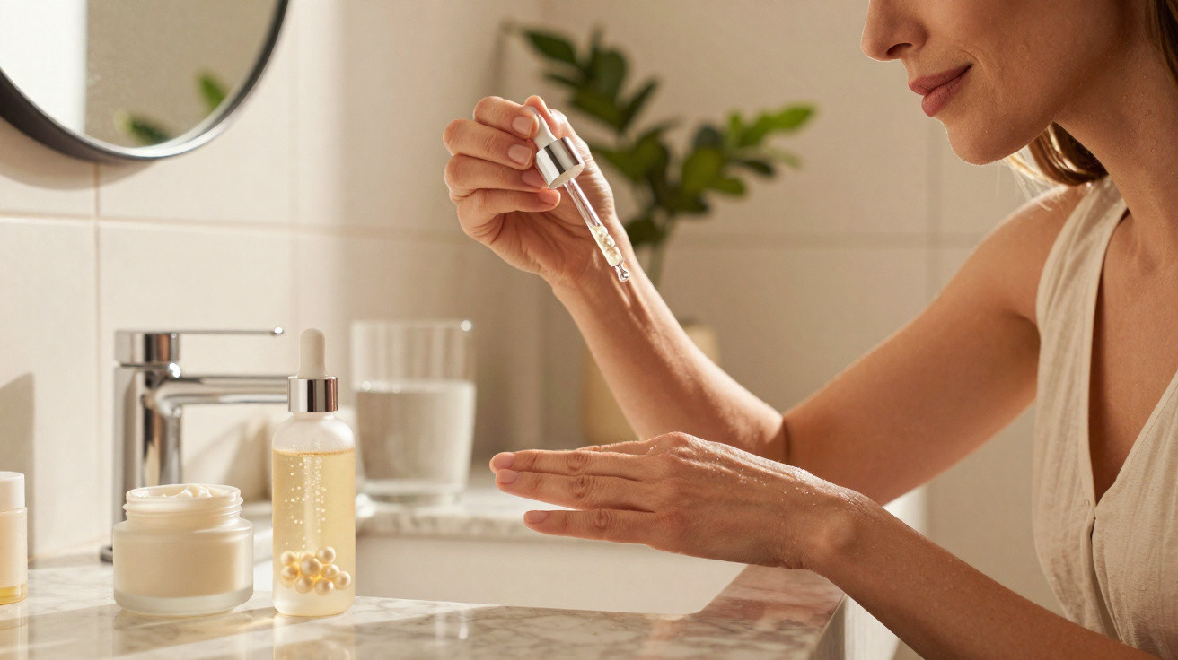 Mulher a aplicar sérum facial num dos braços numa casa de banho com luz natural.