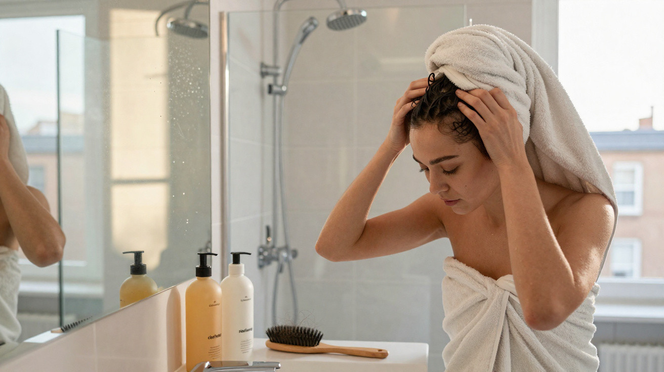 Mulher a secar o cabelo com toalha em casa de banho moderna e clara.