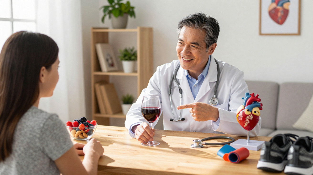 Médico cardiologista conversa com paciente e segura copo de vinho tinto numa consulta.