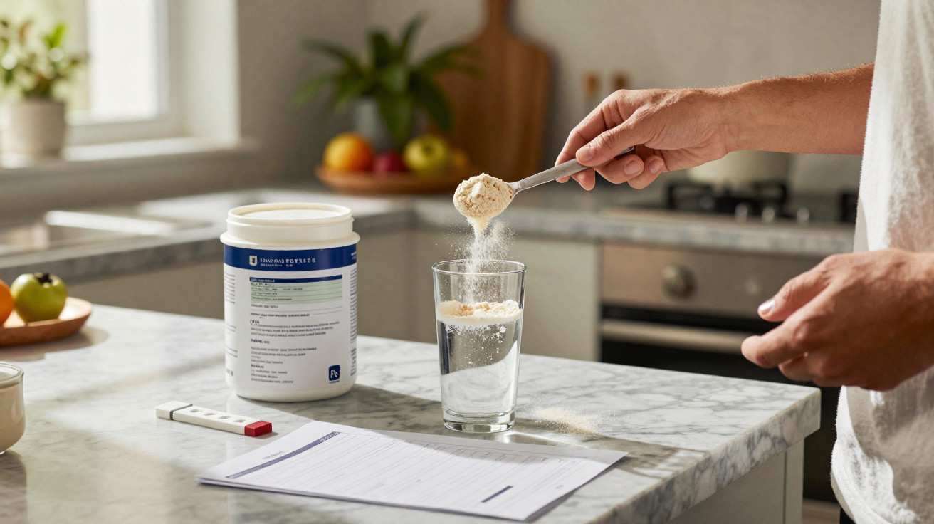 Pessoa a adicionar suplemento em pó a um copo de água numa cozinha luminosa, com teste rápido e prescrições na bancada.