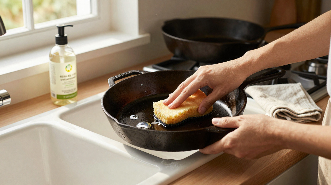 Mãos a lavar uma frigideira de ferro com uma esponja amarela numa cozinha junto a uma janela.