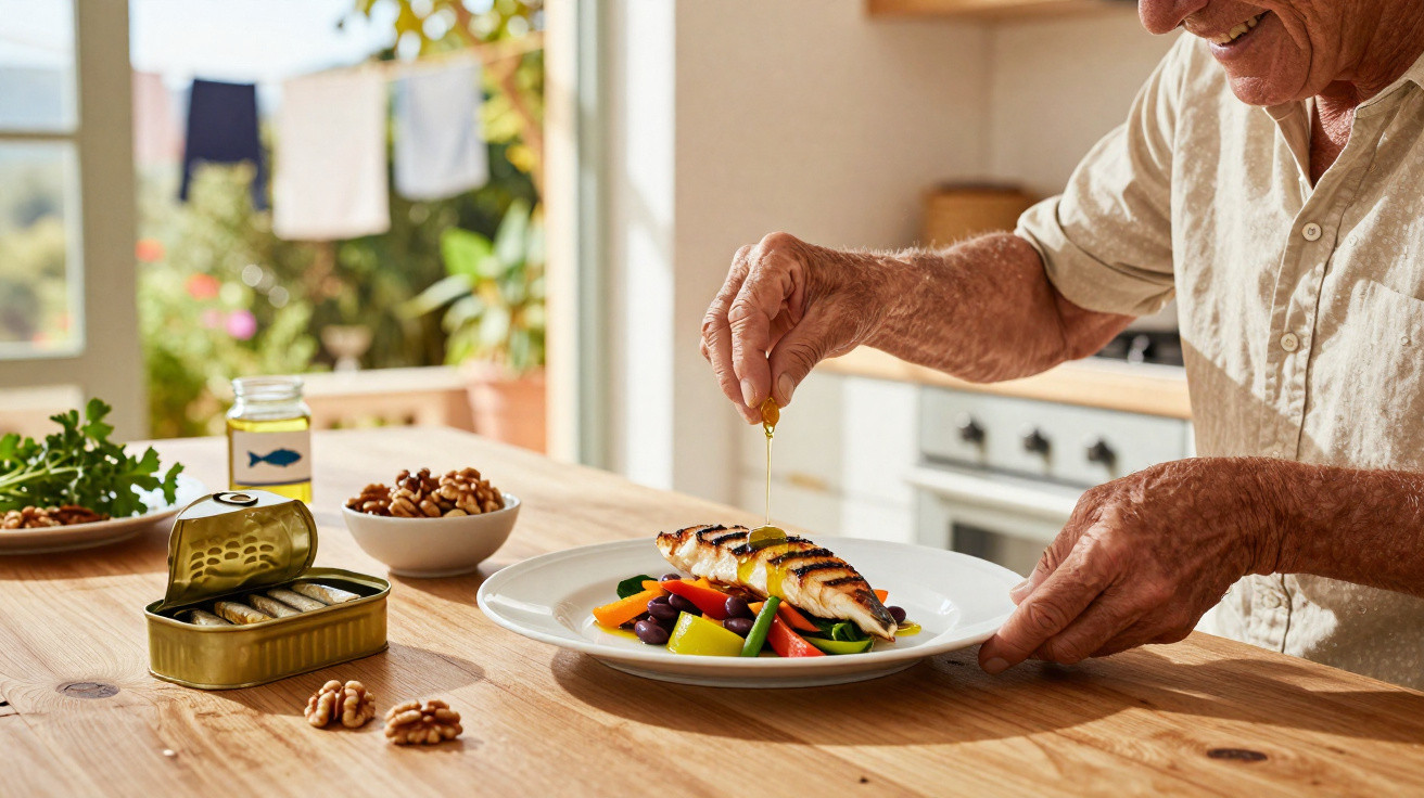 Homem a temperar prato com peixe grelhado e legumes numa cozinha luminosa.