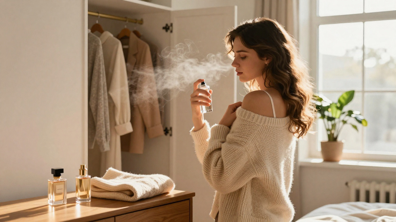 Mulher num quarto a aplicar perfume com vapor, luz natural a entrar pela janela e roupa pendurada.