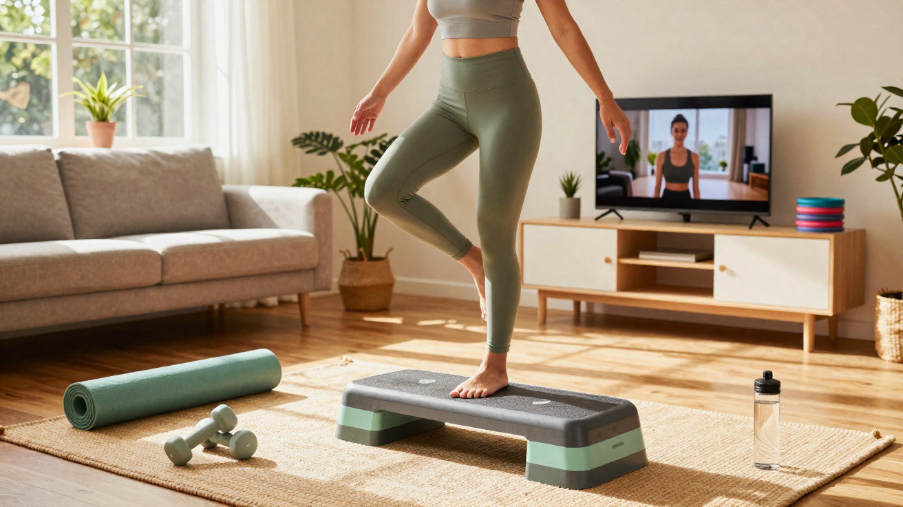 Mulher a fazer exercício em casa com step, seguindo treino de vídeo na televisão, com tapete e halteres no chão.