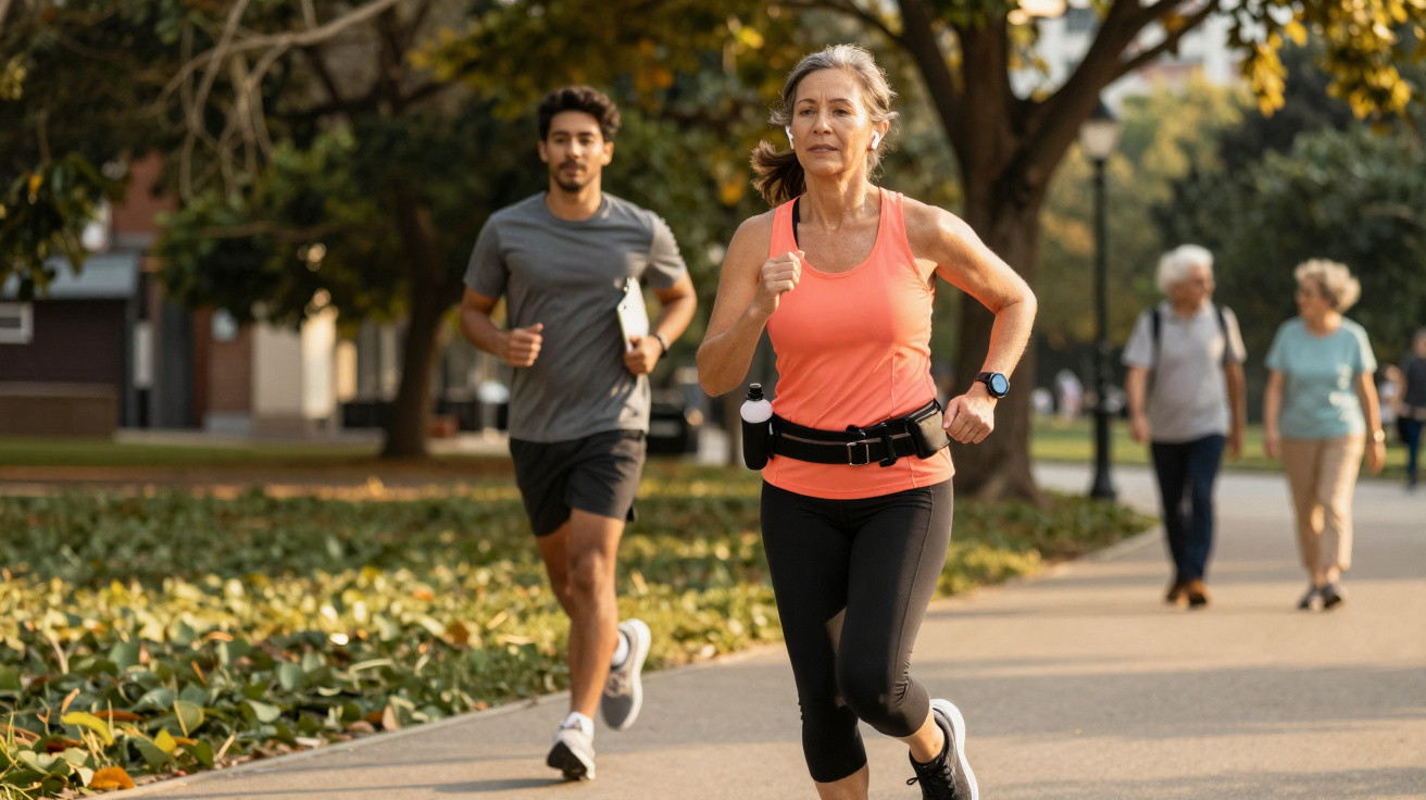 Mulher e homem a correr num parque urbano com árvores e pessoas a caminhar ao fundo.
