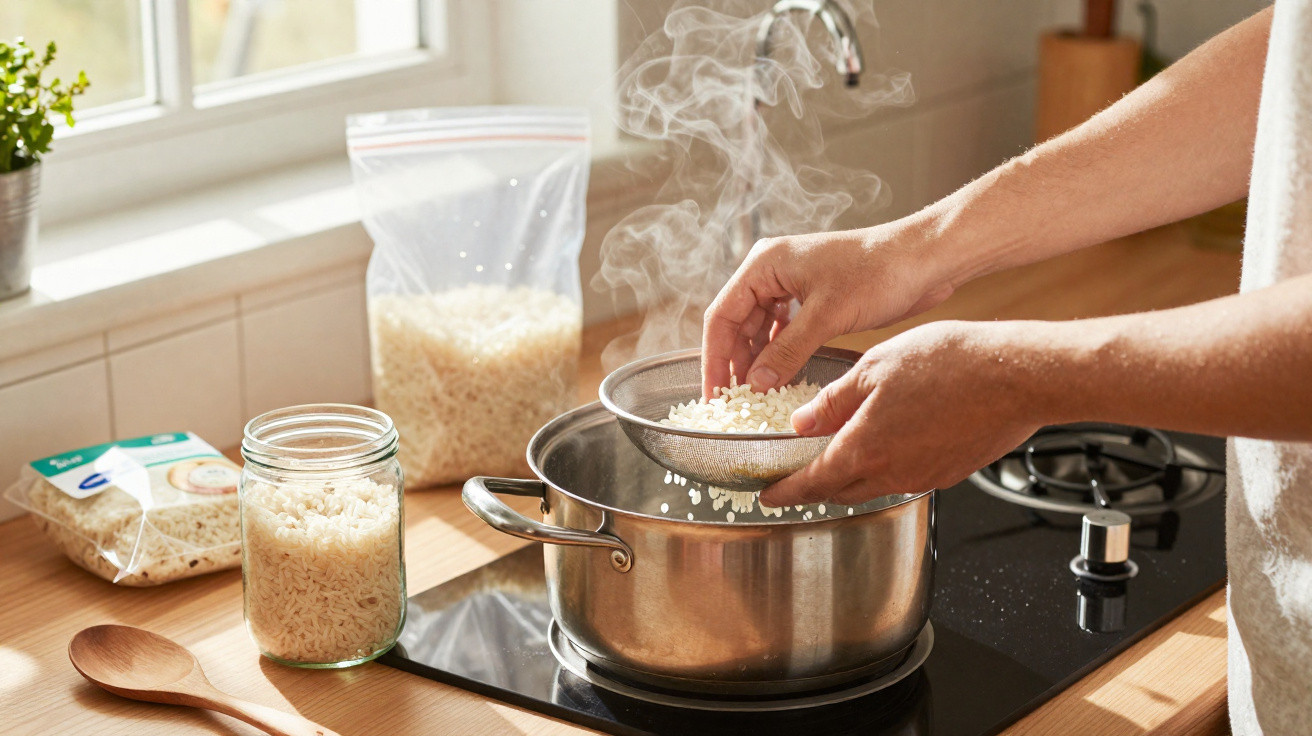 Mãos a colocar arroz numa panela a ferver numa cozinha com utensílios e sacos de arroz ao fundo.