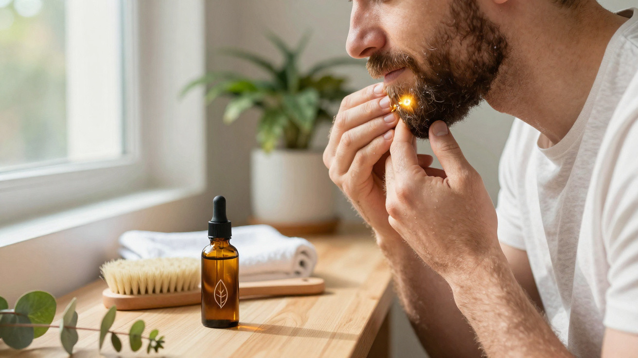 Homem a aplicar óleo na barba numa mesa com escova, toalha e plantas em ambiente iluminado natural.