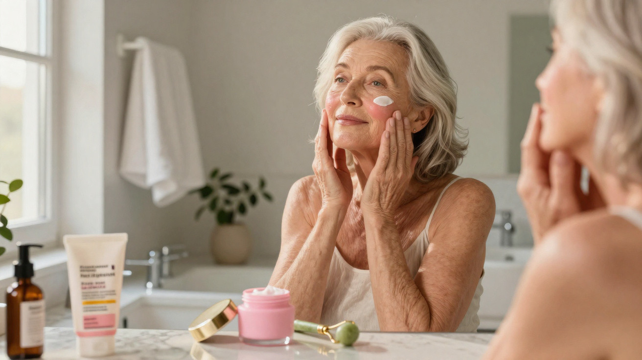 Senhora idosa a aplicar creme facial enquanto se olha ao espelho numa casa de banho iluminada.