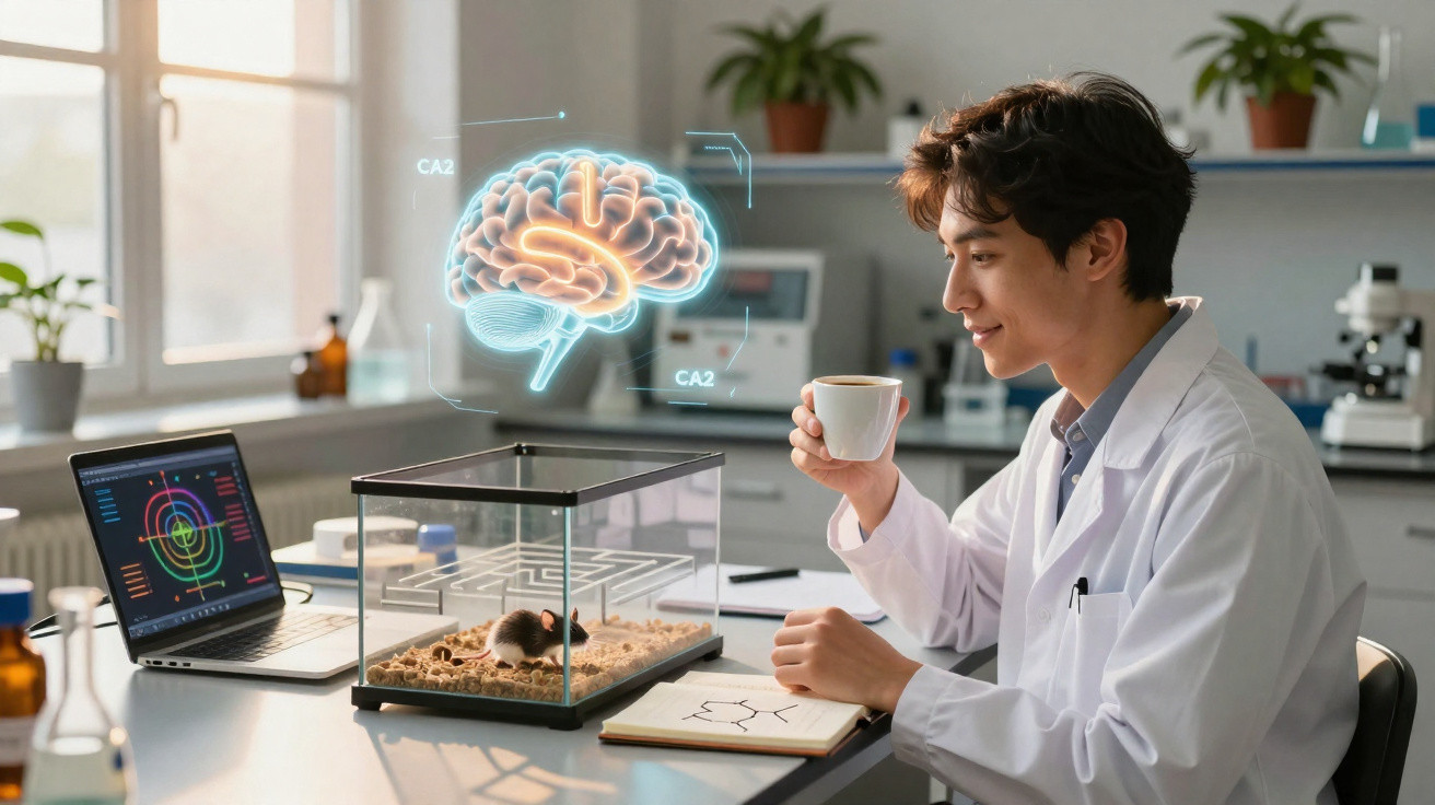 Cientista a beber café enquanto observa rato num terrário e holograma de cérebro em laboratório moderno.