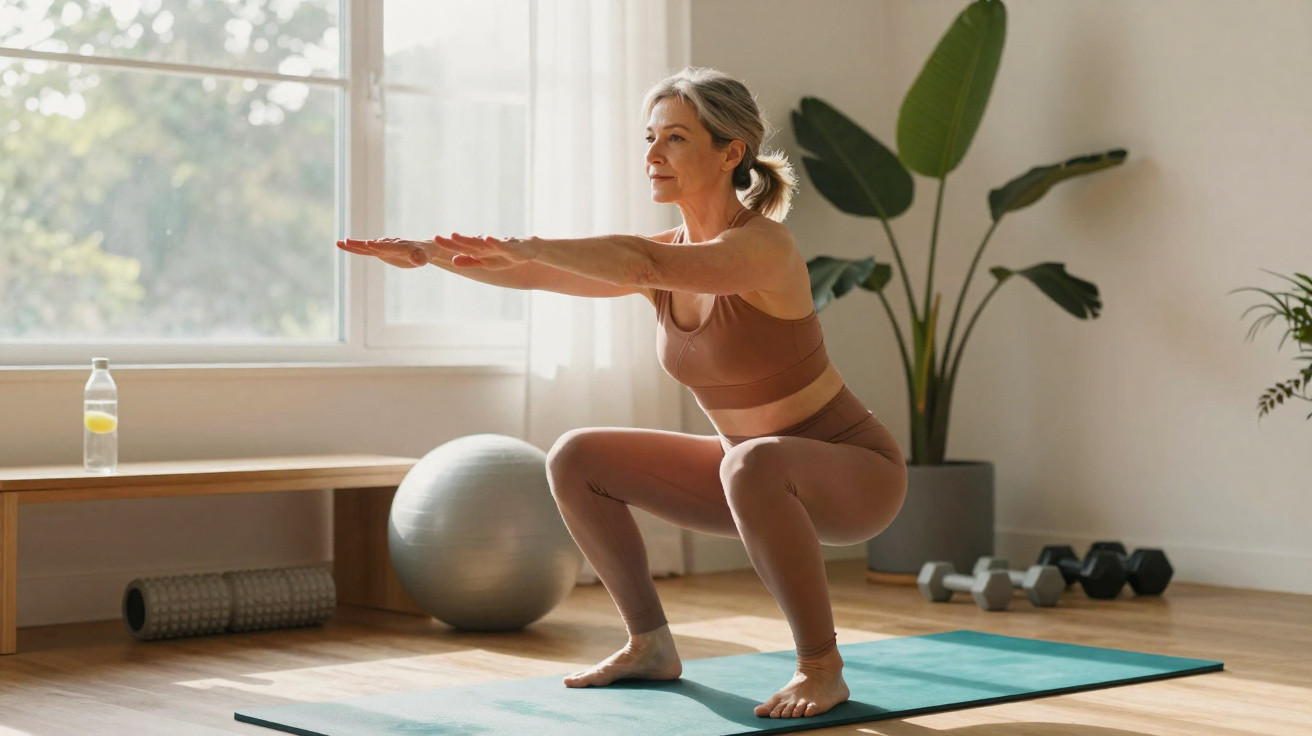Mulher madura a fazer agachamentos em tapete de yoga numa sala iluminada com plantas e halteres.