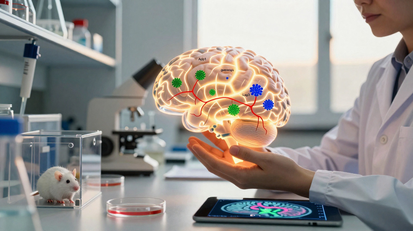 Cientista num laboratório observa cérebro digital holográfico e rato branco numa caixa de vidro.