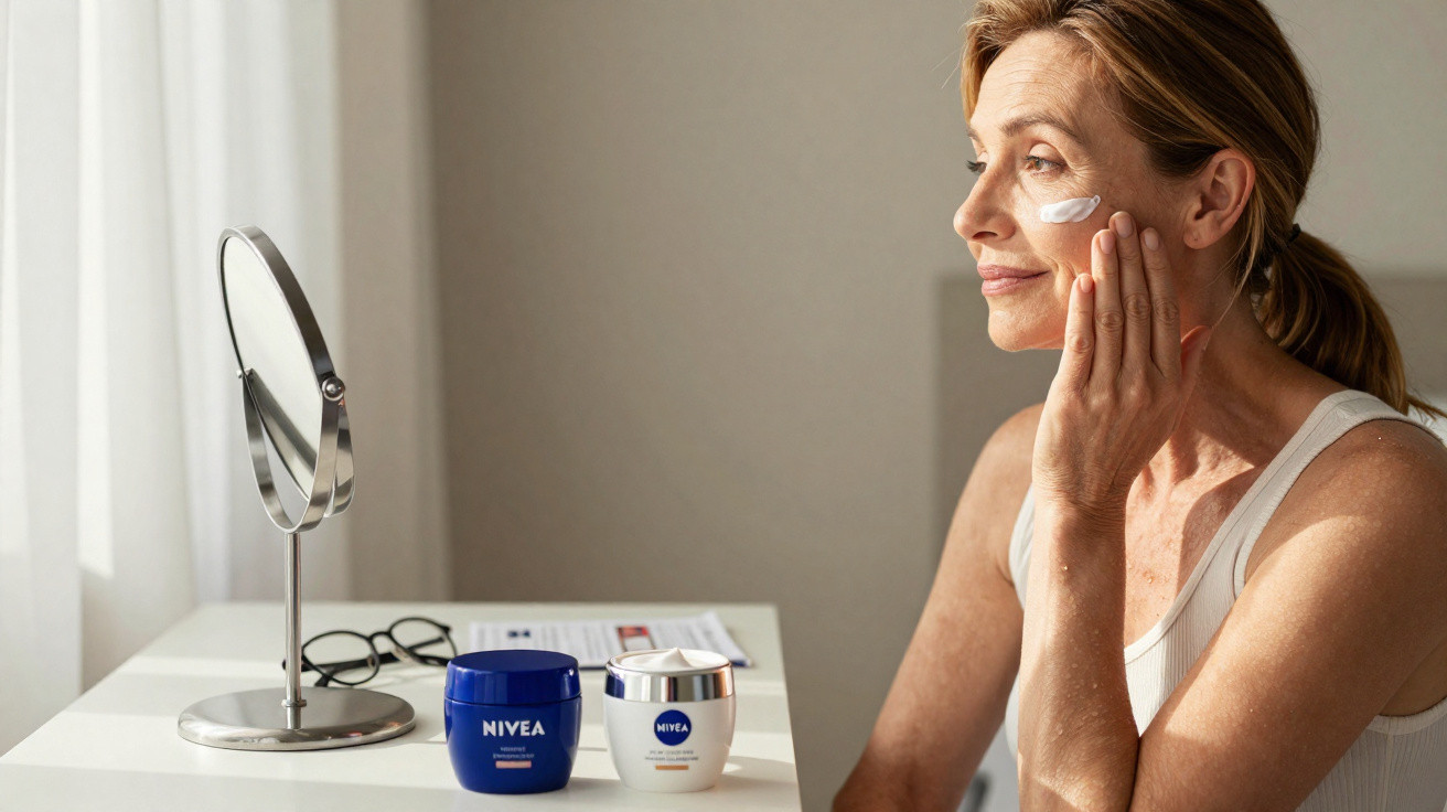 Mulher madura a aplicar creme Nivea no rosto sentada junto a espelho e frascos de creme numa mesa.
