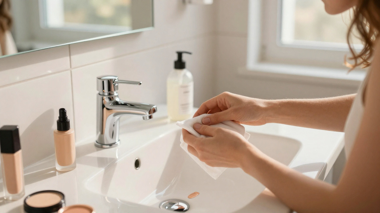 Pessoa a limpar as mãos com toalhete junto a uma pia com produtos de cosmética ao lado.