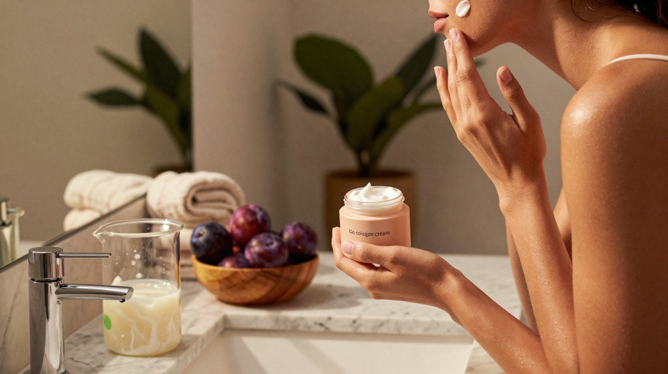 Mulher aplicação creme facial junto ao lavatório com toalhas, frutas e planta ao fundo.