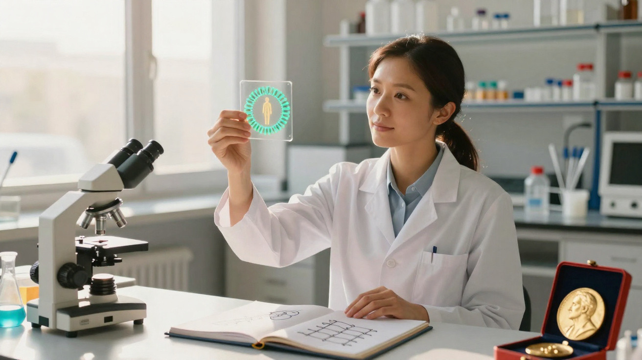 Cientista feminina em laboratório segurando placa transparente com ícone humano e medalha dourada na mesa.