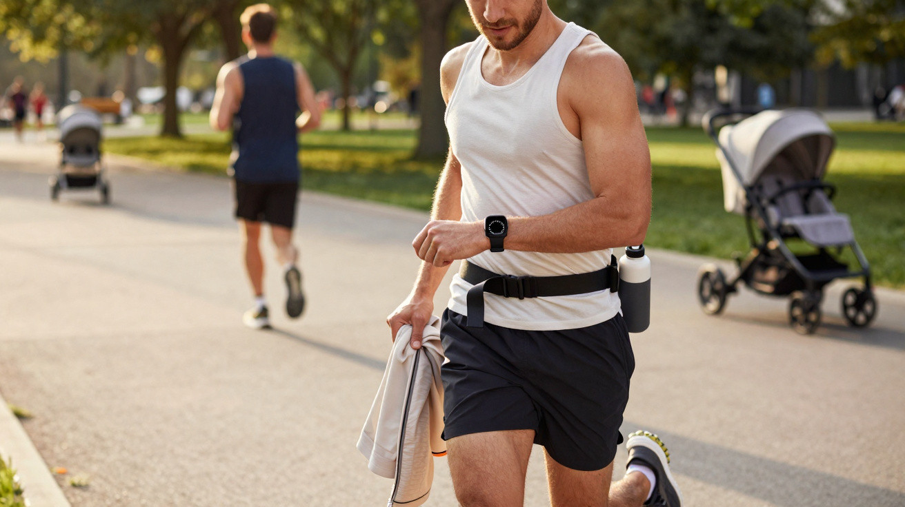 Homem a correr no parque com roupa desportiva e relógio inteligente, outras pessoas e carrinho ao fundo.