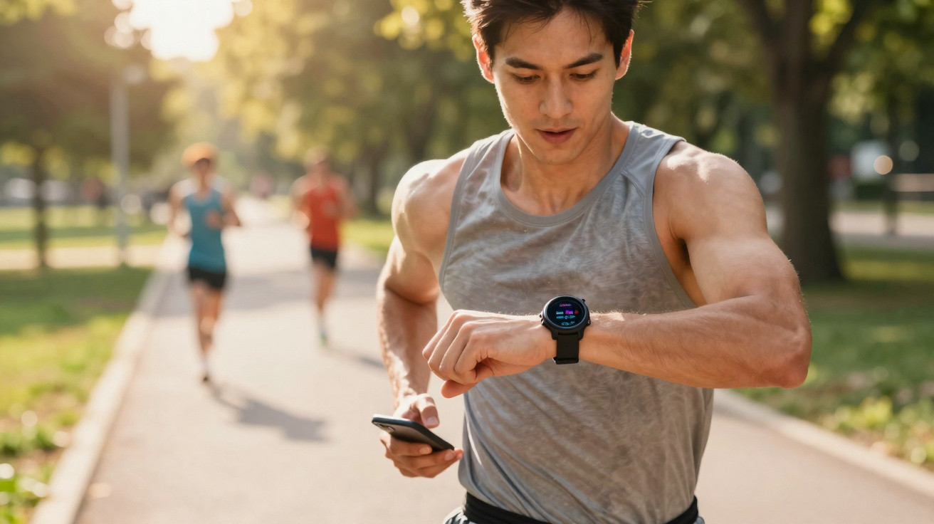 Homem a correr num parque a consultar dados num relógio inteligente enquanto segura um telemóvel.