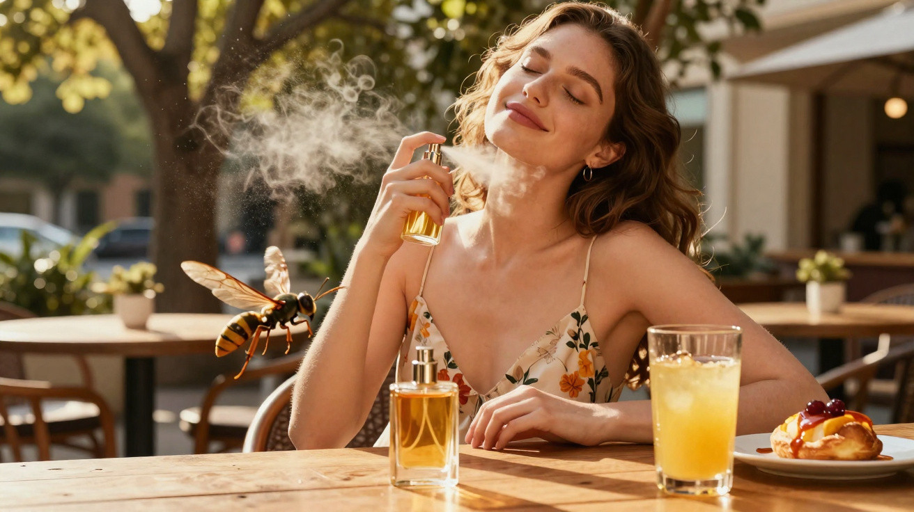 Mulher sorrindo a borrifar perfume no rosto, sentada numa esplanada com bebida e pastel à frente.
