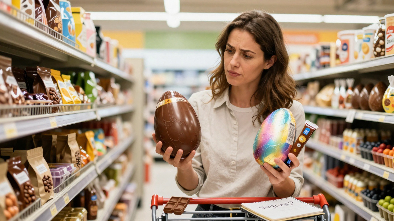 Mulher numa loja a comparar dois ovos de Páscoa de chocolate, com carrinho de compras à frente.