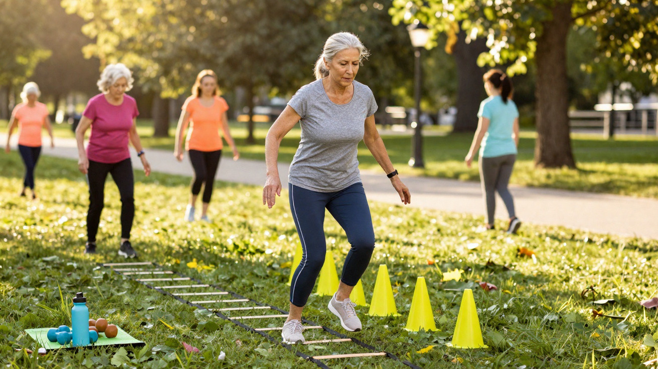Grupo de mulheres séniores a fazer exercício de agilidade num parque com cones e escada de equilíbrio.