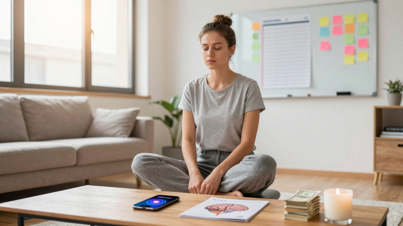 Mulher sentada em posição de meditação numa sala luminosa com smartphone, livro, dinheiro e vela na mesa.