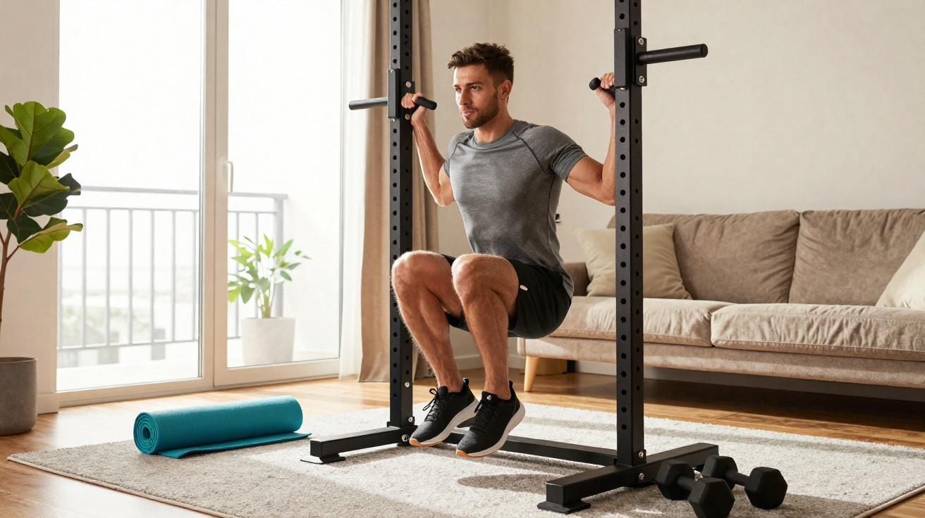 Homem a fazer agachamento com barra em casa, com tapete de yoga e halteres ao lado.