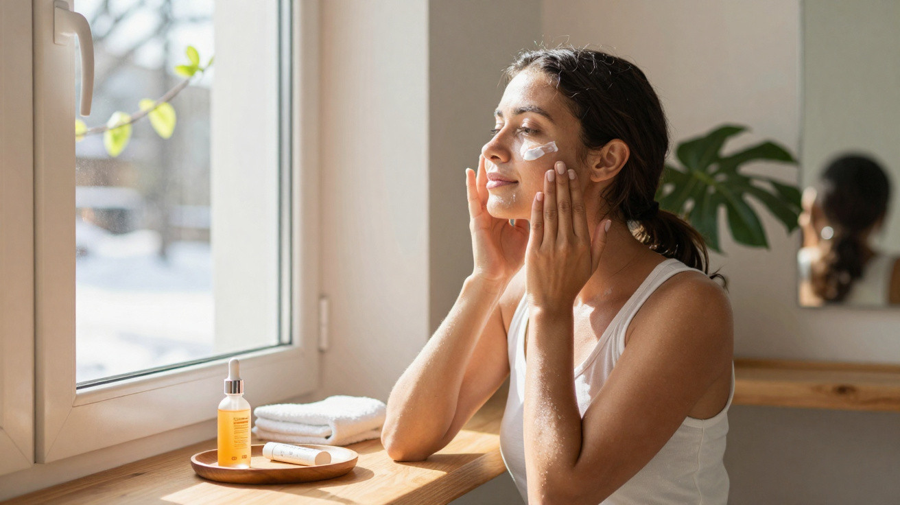 Mulher a aplicar creme no rosto, sentada junto a uma janela com produtos de beleza à sua frente.
