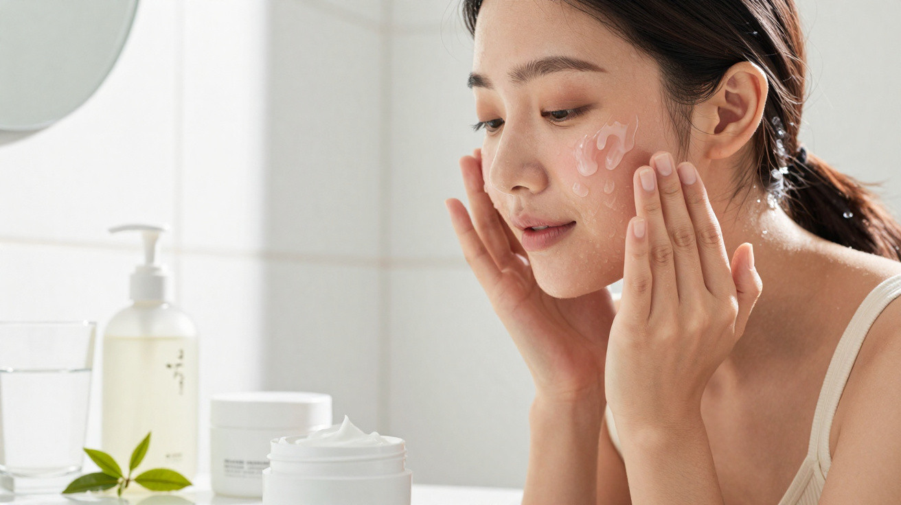 Mulher a aplicar creme no rosto num ambiente de casa de banho com produtos de cuidado da pele.