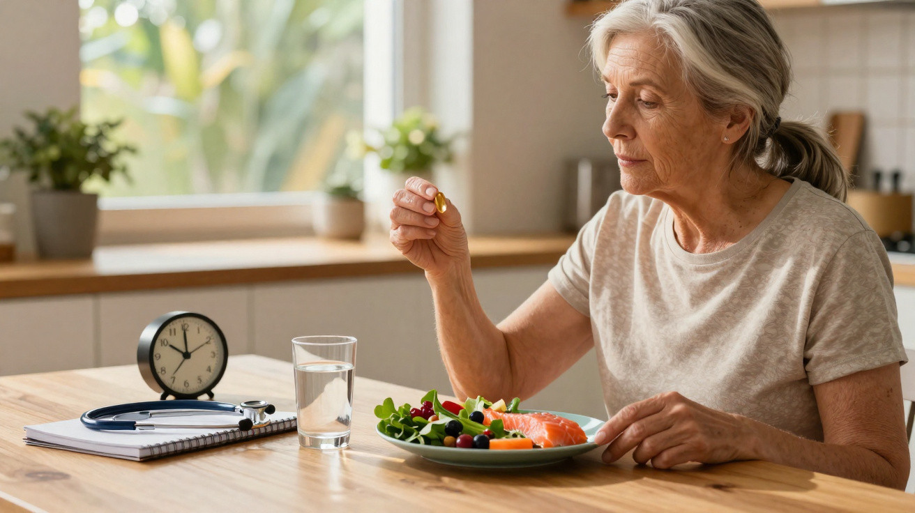 Idosa sentada à mesa prepara-se para tomar um suplemento alimentar com uma refeição saudável à sua frente.