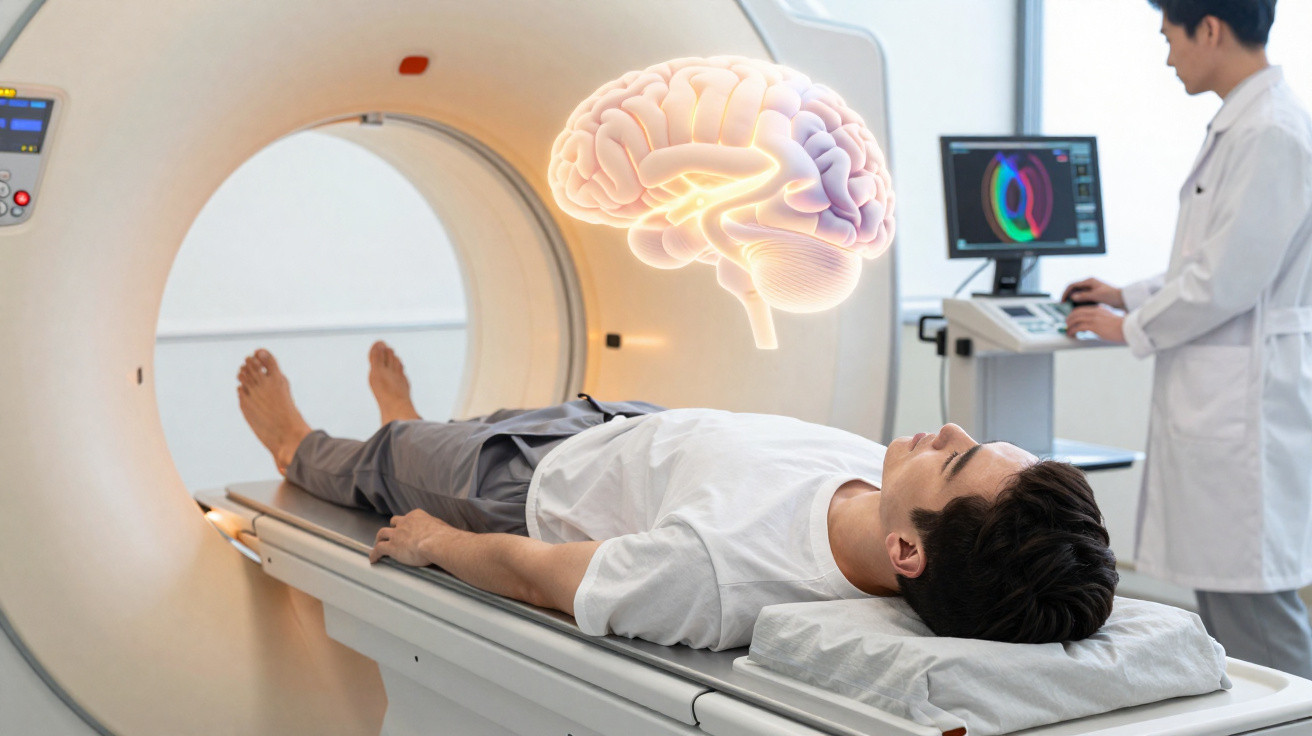 Paciente deitado a entrar em máquina de ressonância magnética com médico a analisar resultados num ecrã.