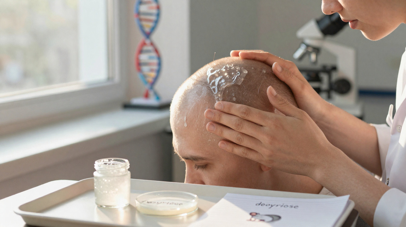 Médica aplica gel transparente na cabeça de paciente careca em laboratório com microscópio e modelo de DNA ao fundo.