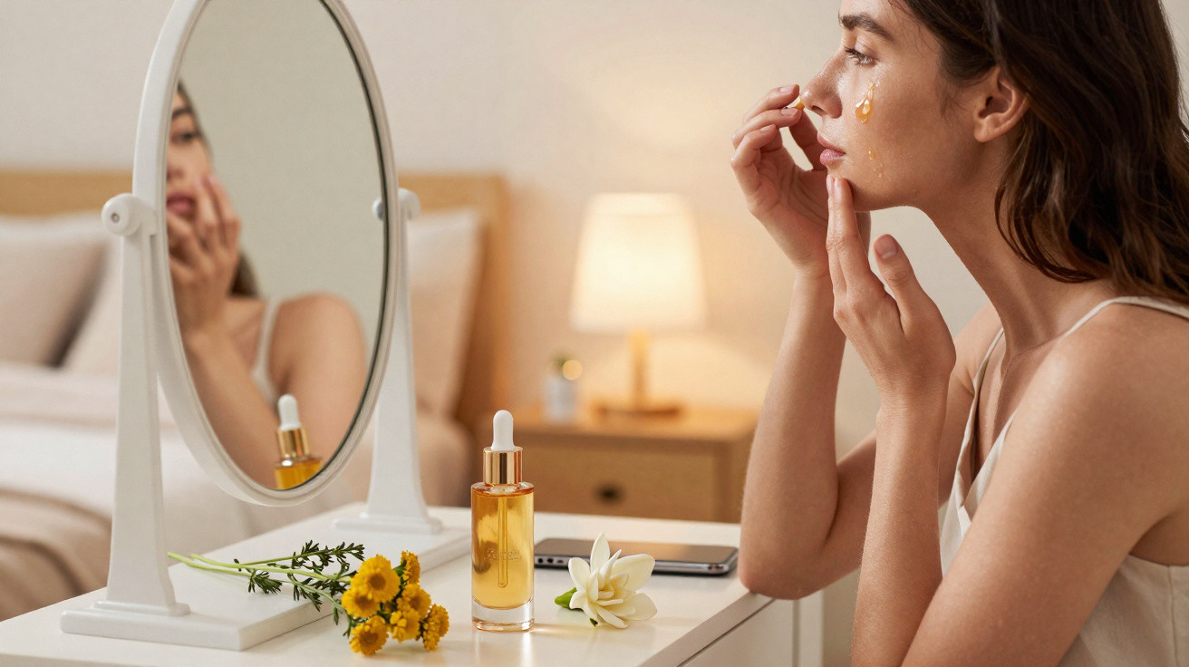 Mulher aplica sérum facial junto a espelho, com flores e frasco de óleo sobre a mesa num quarto confortável.