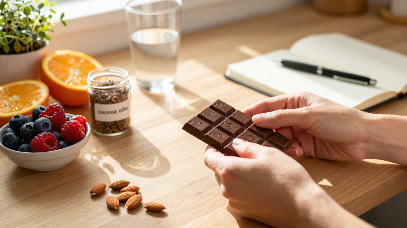 Mãos seguram barra de chocolate em mesa com frutas, amêndoas, cacau, caderno e copo de água.