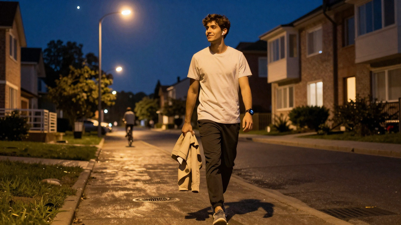 Jovem a caminhar à noite numa rua residencial, segurando um casaco e olhando para o lado.