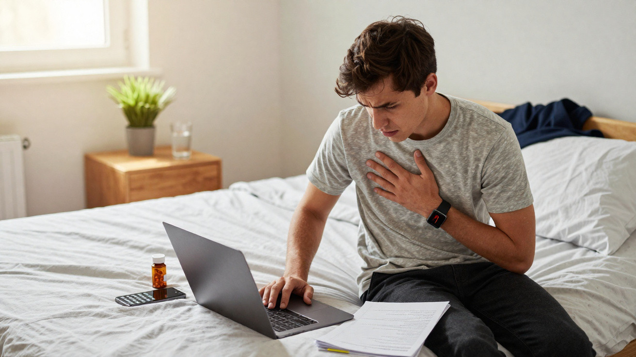 Homem sentado na cama com dores no peito usando computador portátil e rodeado de medicamentos e documentos.