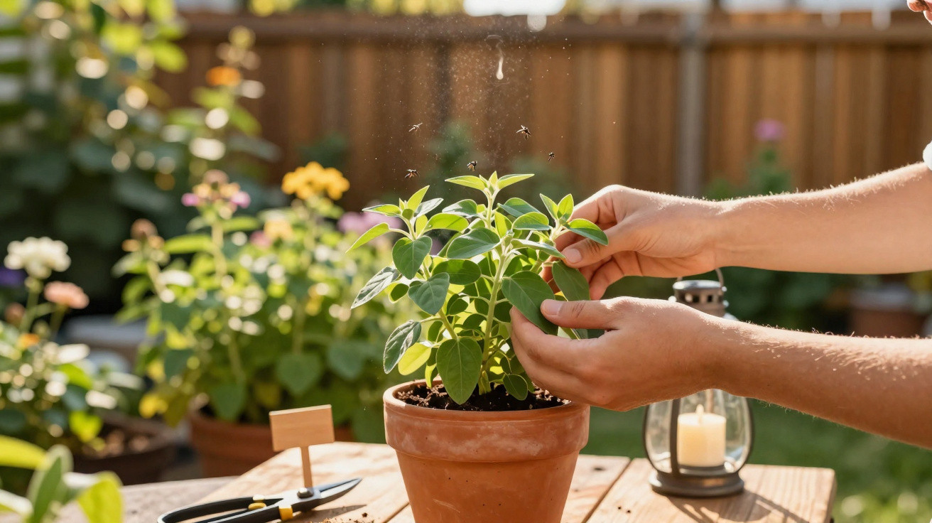 Mãos a cuidar de planta verde num vaso de barro num jardim com flores desfocadas ao fundo.
