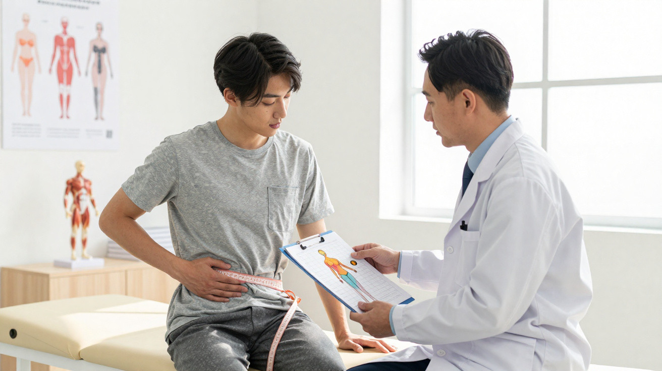 Paciente a medir a cintura enquanto médico consulta dados de avaliação física num consultório.