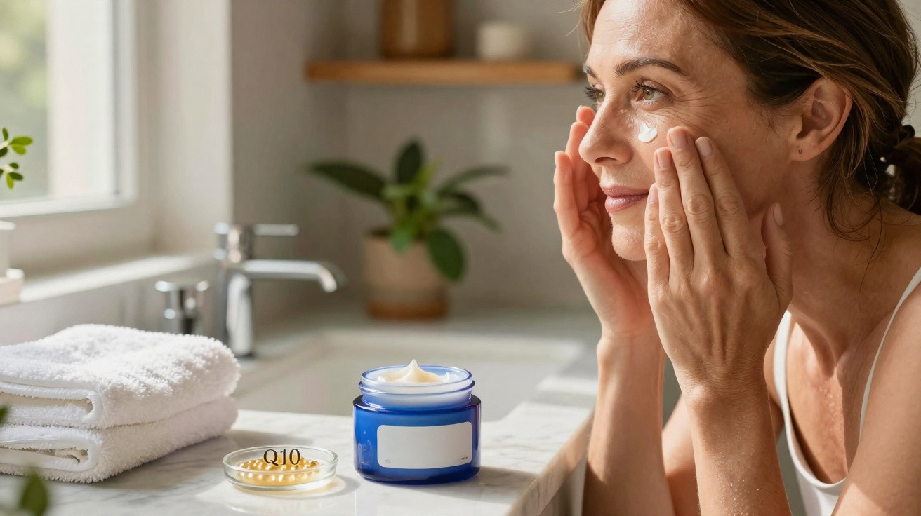 Mulher aplica creme facial branca num quarto de banho com toalhas e plantas ao fundo.