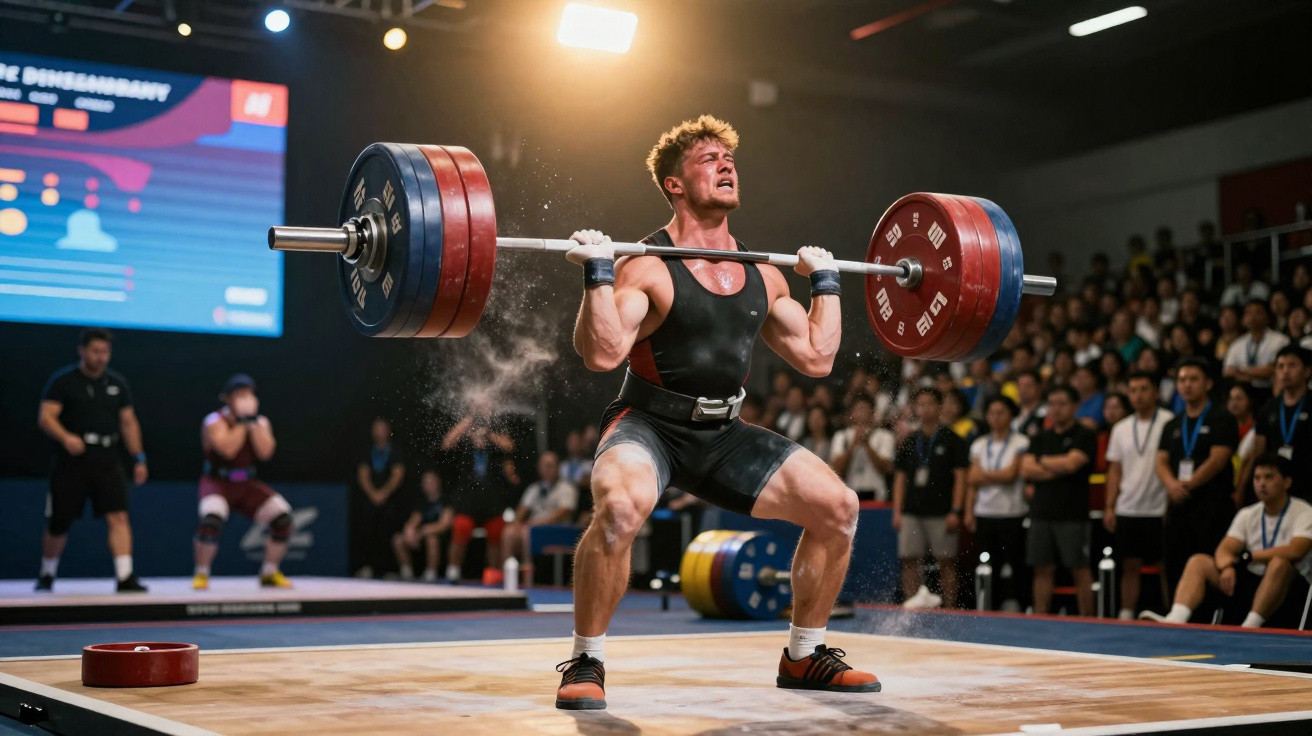 Atleta masculino a levantar barra pesada durante competição de halterofilismo com público ao fundo.