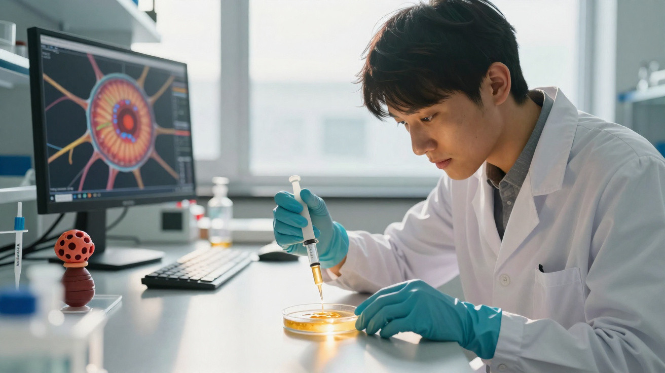 Cientista com bata branca e luvas a usar pipeta numa placa de Petri num laboratório moderno.