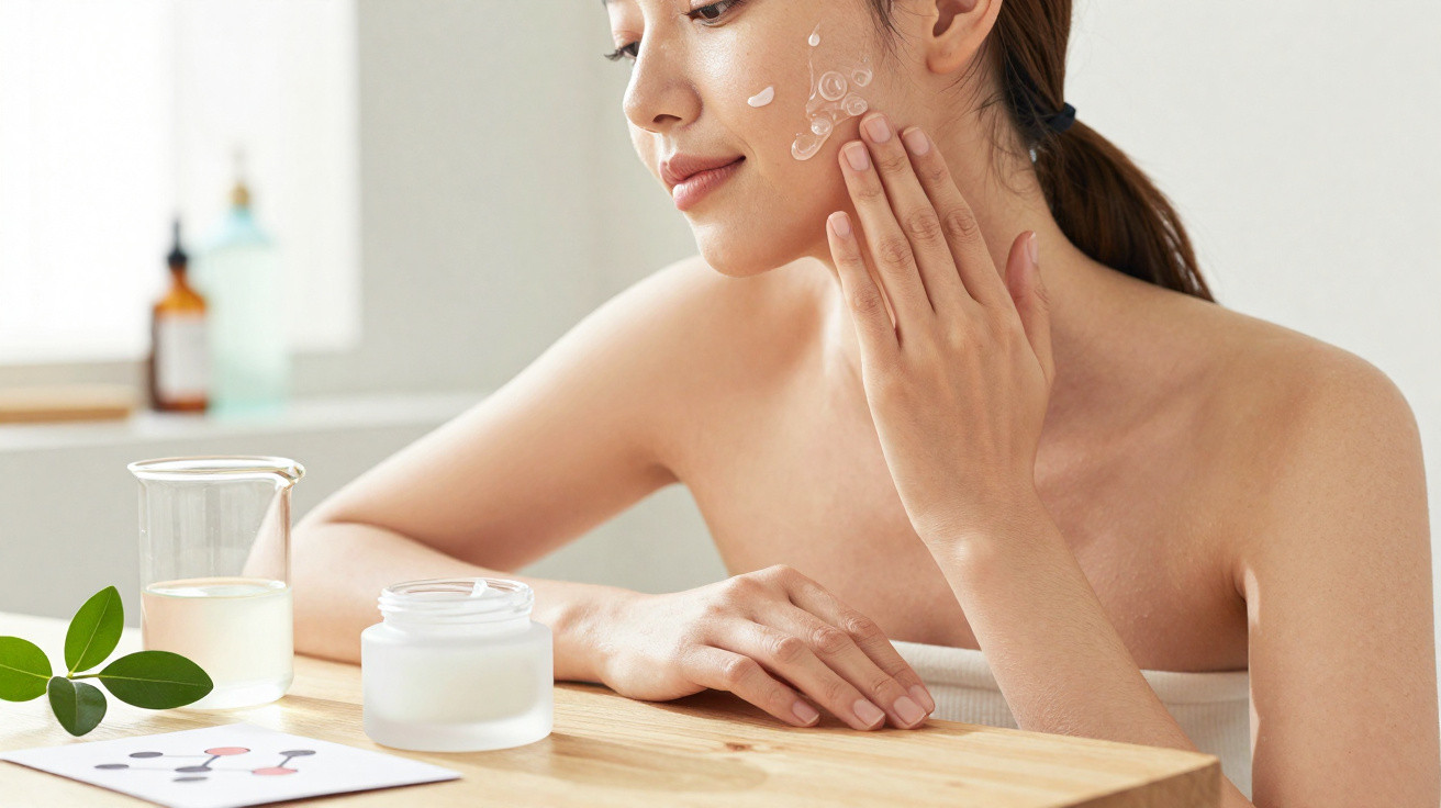 Mulher a aplicar creme hidratante no rosto, sentada à mesa com frascos e folhas verdes.